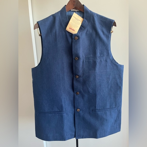 NWT Fabindia Men Sleeveless Jacket Vest Nehru Mandarin Collar Woven Cotto Blue M - Picture 1 of 10